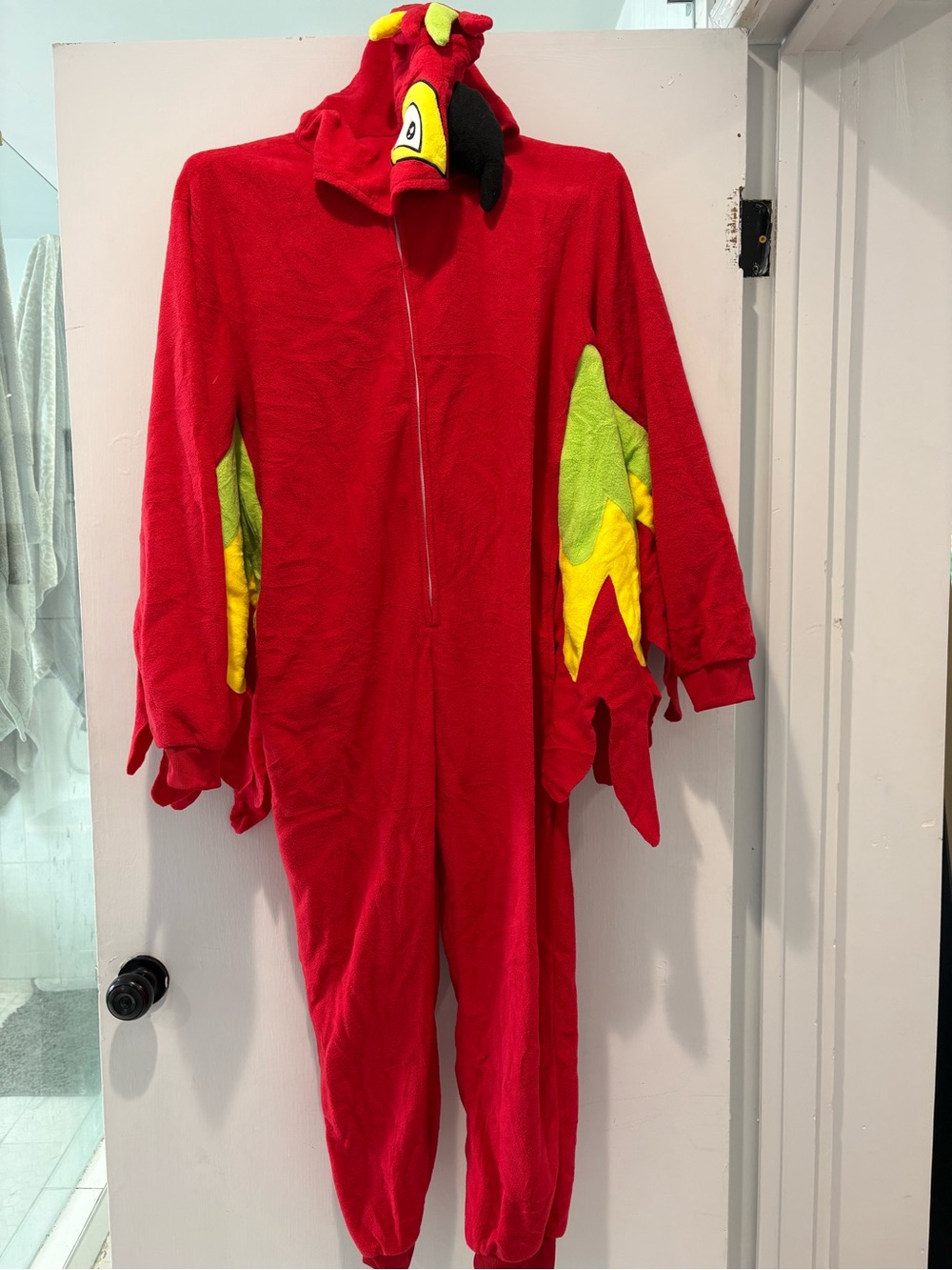 Adult Red Parrot Onesie Costume with Yellow & Green Wings - Size S